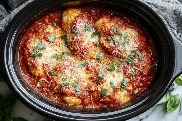 Crockpot Chicken Parmesan topped with melted cheese, marinara sauce, and fresh basil in a slow cooker.