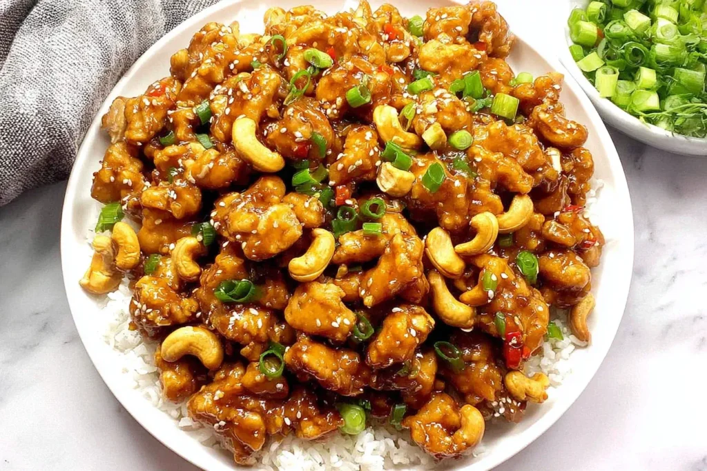 Cashew Chicken served over white rice, topped with roasted cashews, sesame seeds, and fresh green onions.