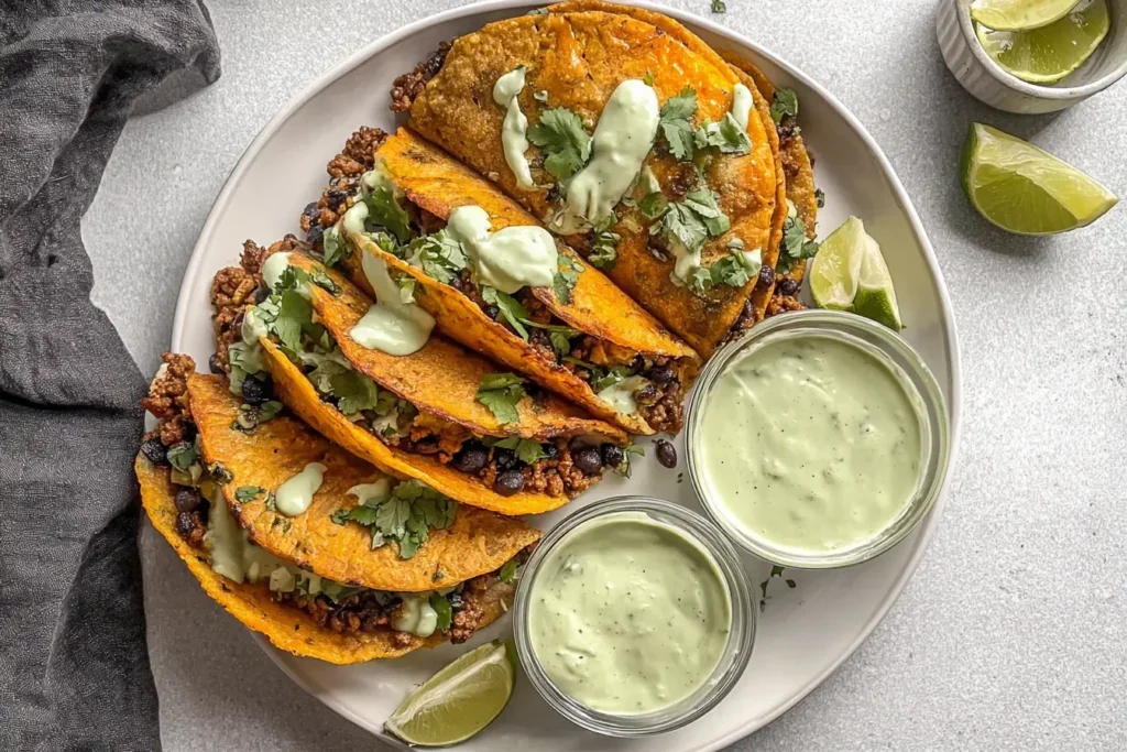 Plate of Crispy Baked Ground Turkey Tacos with avocado sauce, black beans, and fresh cilantro.