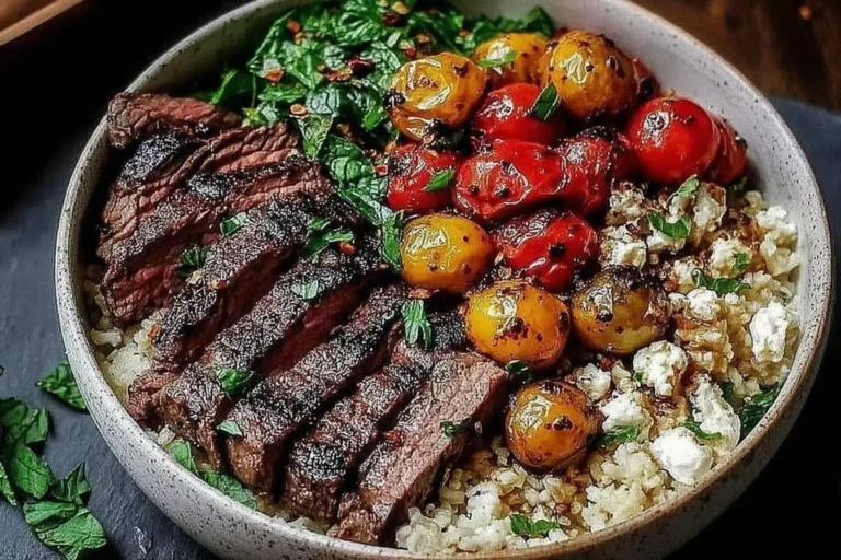 Mediterranean Steak Bowls with grilled flank steak, roasted cherry tomatoes, fresh greens, feta cheese, and quinoa in a rustic bowl.