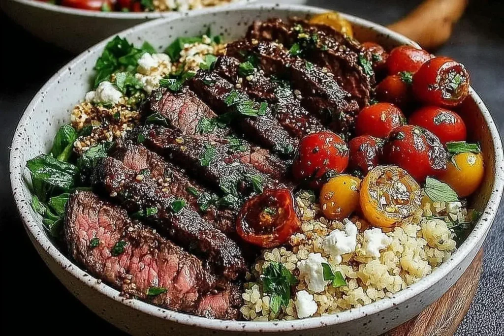 Mediterranean Steak Bowls with juicy grilled steak slices, quinoa, roasted cherry tomatoes, fresh greens, and crumbled feta in a ceramic bowl.