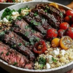 Mediterranean Steak Bowls with juicy grilled steak slices, quinoa, roasted cherry tomatoes, fresh greens, and crumbled feta in a ceramic bowl.