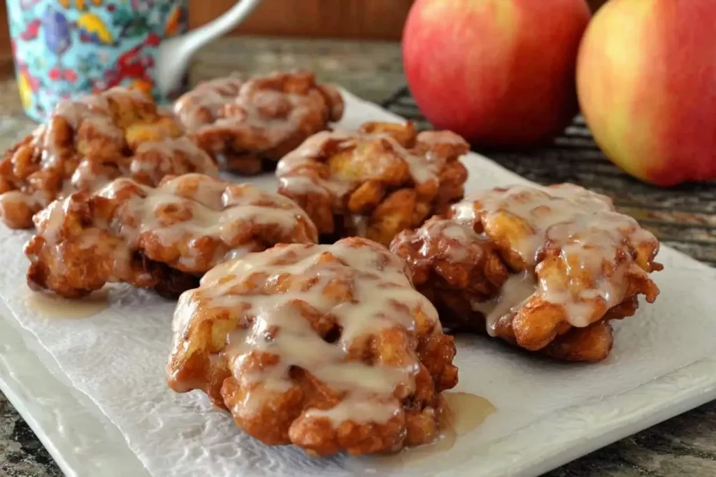 Freshly made apple fritters drizzled with sweet glaze, served on a plate with red apples in the background.