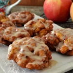 Freshly made apple fritters drizzled with sweet glaze, served on a plate with red apples in the background.