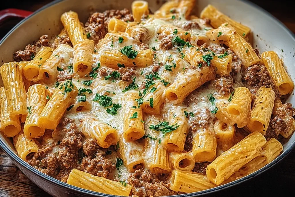 Creamy Parmesan Beef Rigatoni baked with melted cheese and garnished with fresh parsley in a skillet.