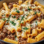 Creamy Parmesan Beef Rigatoni baked with melted cheese and garnished with fresh parsley in a skillet.