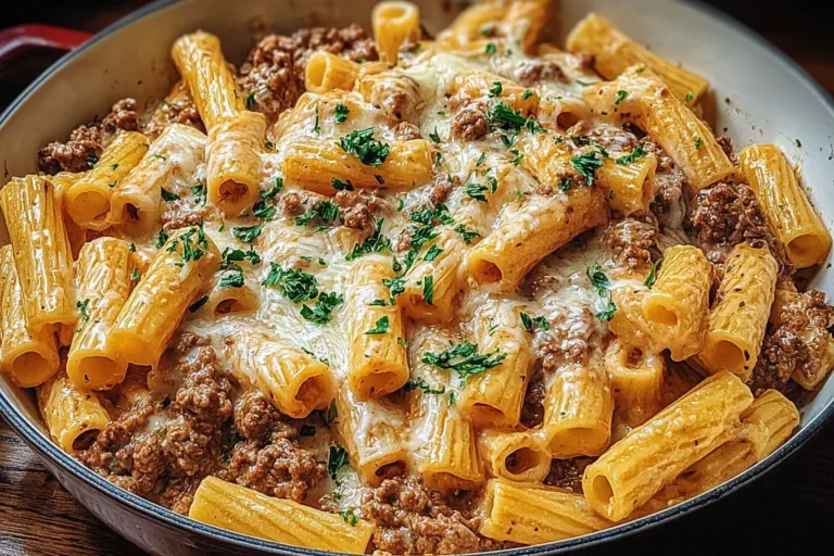Creamy Parmesan Beef Rigatoni baked with melted cheese and garnished with fresh parsley in a skillet.