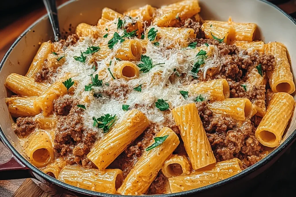 Creamy Parmesan Beef Rigatoni topped with fresh parsley and Parmesan cheese in a skillet.