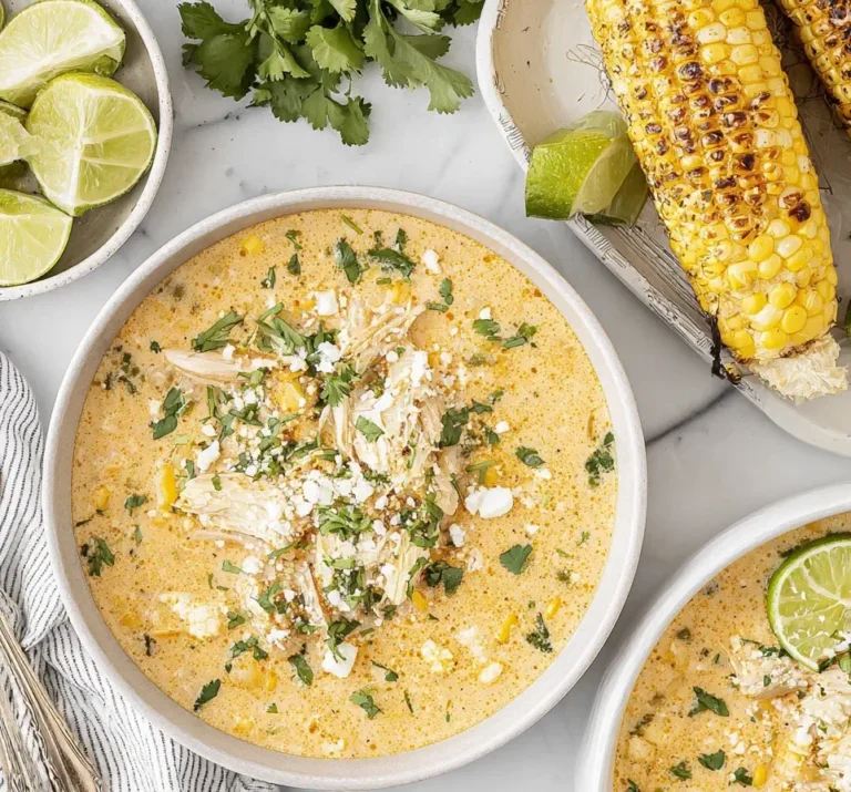 Bowl of Mexican Street Corn Soup topped with shredded chicken, cilantro, queso fresco, and lime wedges.