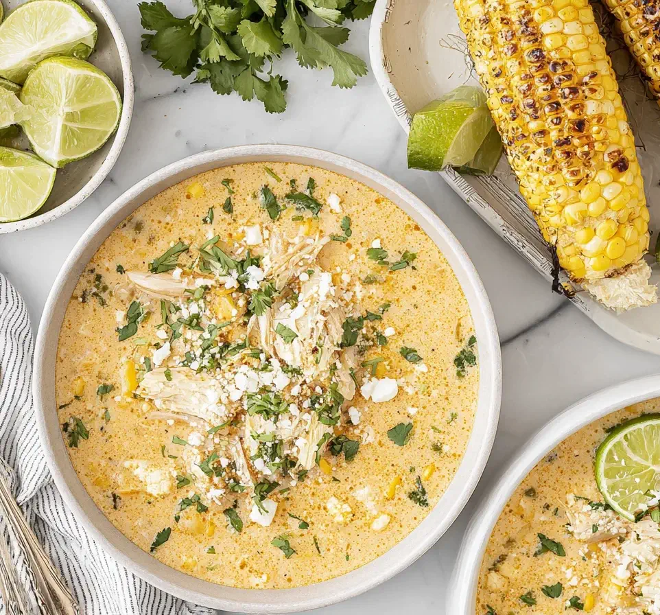 Bowl of Mexican Street Corn Soup topped with shredded chicken, cilantro, queso fresco, and lime wedges.