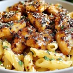 Honey Pepper Chicken Pasta with penne, coated in sweet honey-pepper glaze and sprinkled with sesame seeds and herbs.