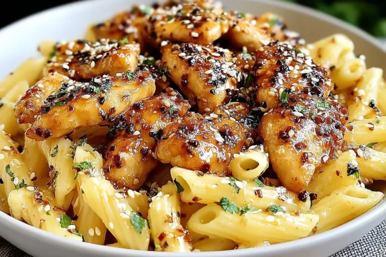 Honey Pepper Chicken Pasta with penne, coated in sweet honey-pepper glaze and sprinkled with sesame seeds and herbs.