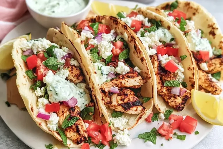 Mediterranean Chicken Tacos with grilled chicken, tzatziki, feta, and fresh vegetables in warm tortillas.