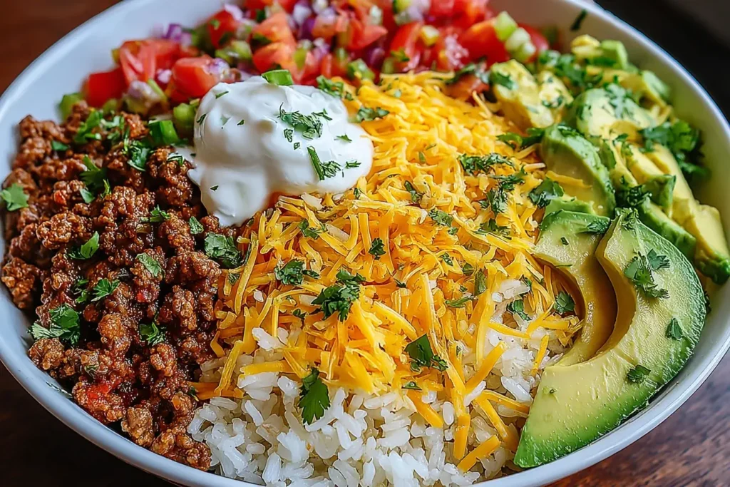 Taco Rice Bowl with seasoned ground beef, shredded cheddar, avocado slices, pico de gallo, and sour cream garnished with fresh cilantro.