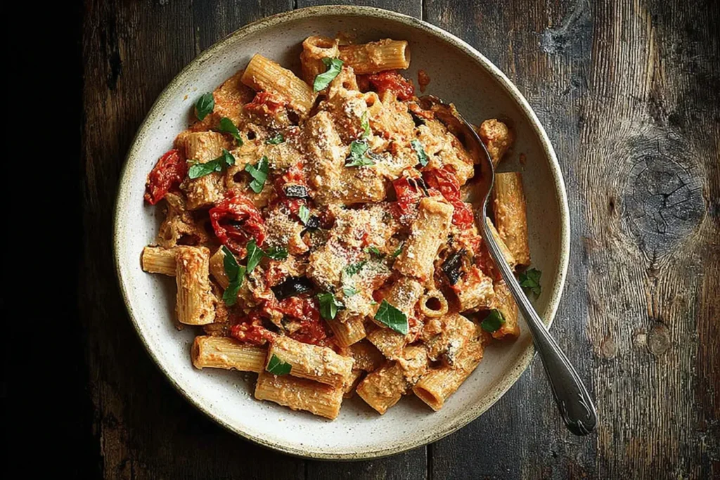 Eggplant and Sun-Dried Tomato Ricotta Pasta served in a rustic bowl with creamy sauce and fresh parsley