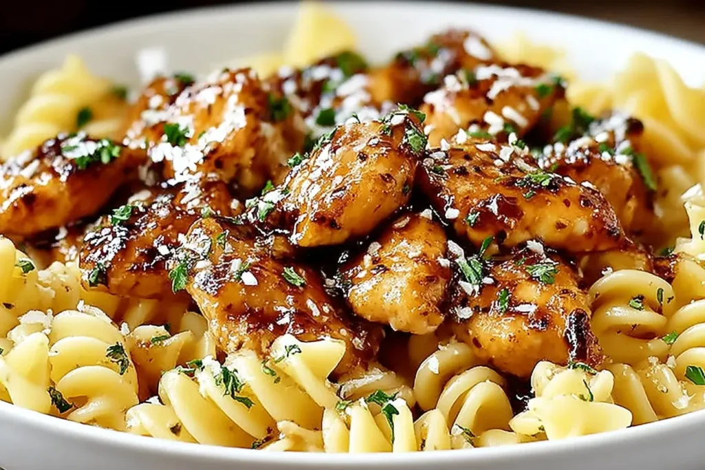 Close-up of Honey Pepper Chicken Pasta with tender chicken pieces over rotini, garnished with fresh herbs and Parmesan.