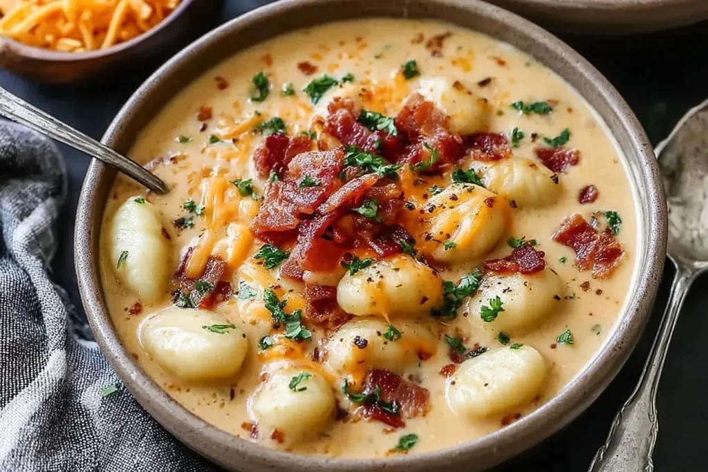 Bowl of creamy Bacon Cheddar Gnocchi Soup garnished with crispy bacon, melted cheddar, and fresh parsley.