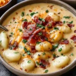 Bowl of creamy Bacon Cheddar Gnocchi Soup garnished with crispy bacon, melted cheddar, and fresh parsley.