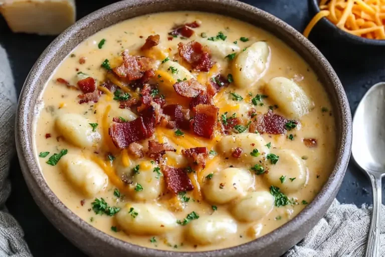 Creamy Bacon Cheddar Gnocchi Soup topped with crispy bacon and fresh parsley in a rustic bowl.