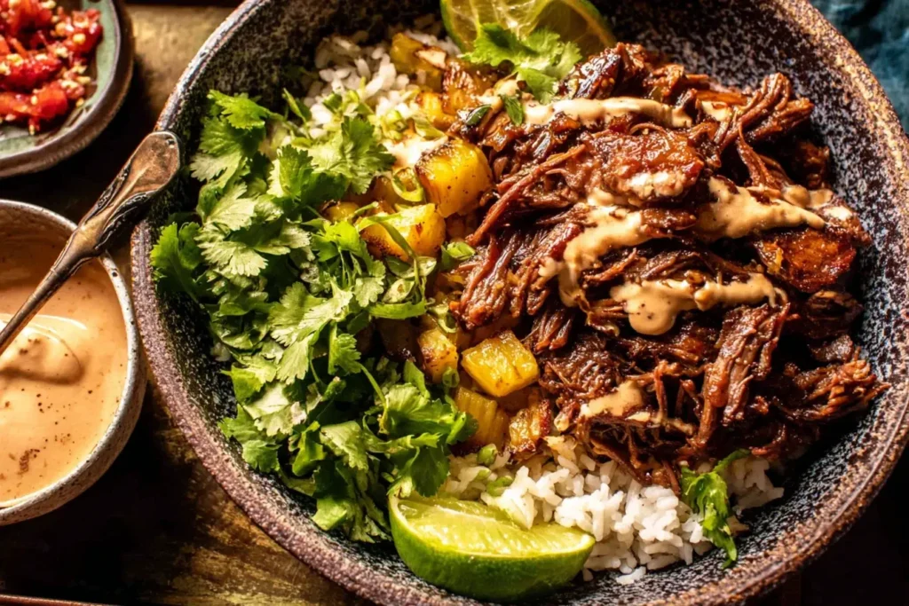 Crockpot Chipotle Pineapple Pot Roast Bowls with tender shredded beef, pineapple chunks, fresh cilantro, rice, and lime.