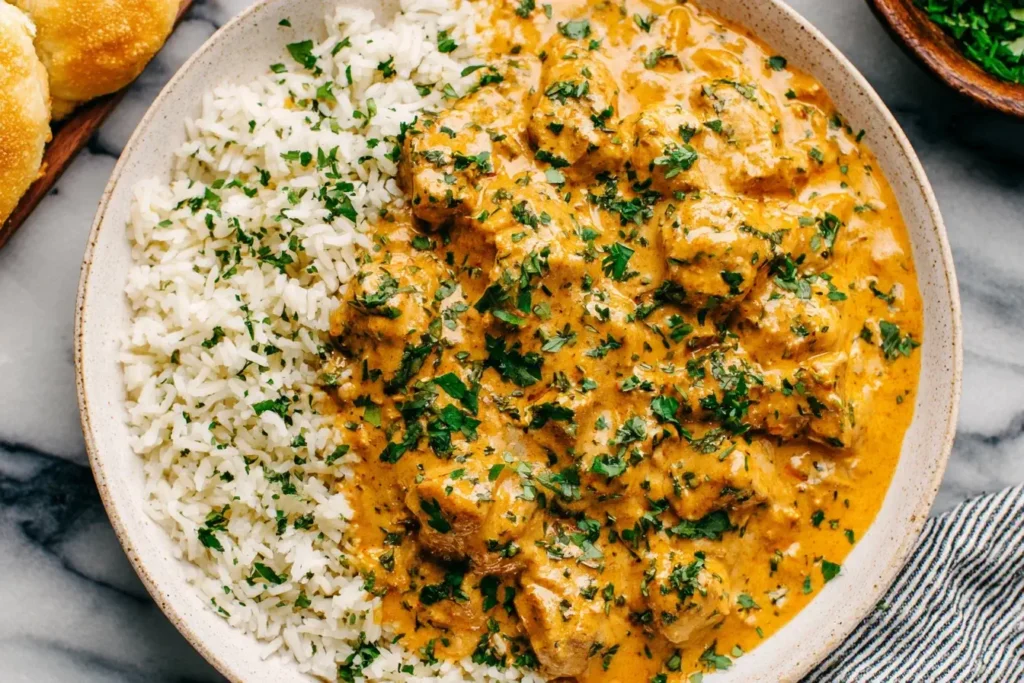 Crockpot Butter Chicken served over white rice, topped with fresh herbs in a ceramic bowl.
