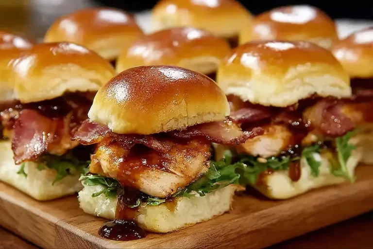Juicy Maple Chicken Beef Bacon Sliders with crispy beef bacon, maple glaze, and fresh greens on fluffy slider buns.