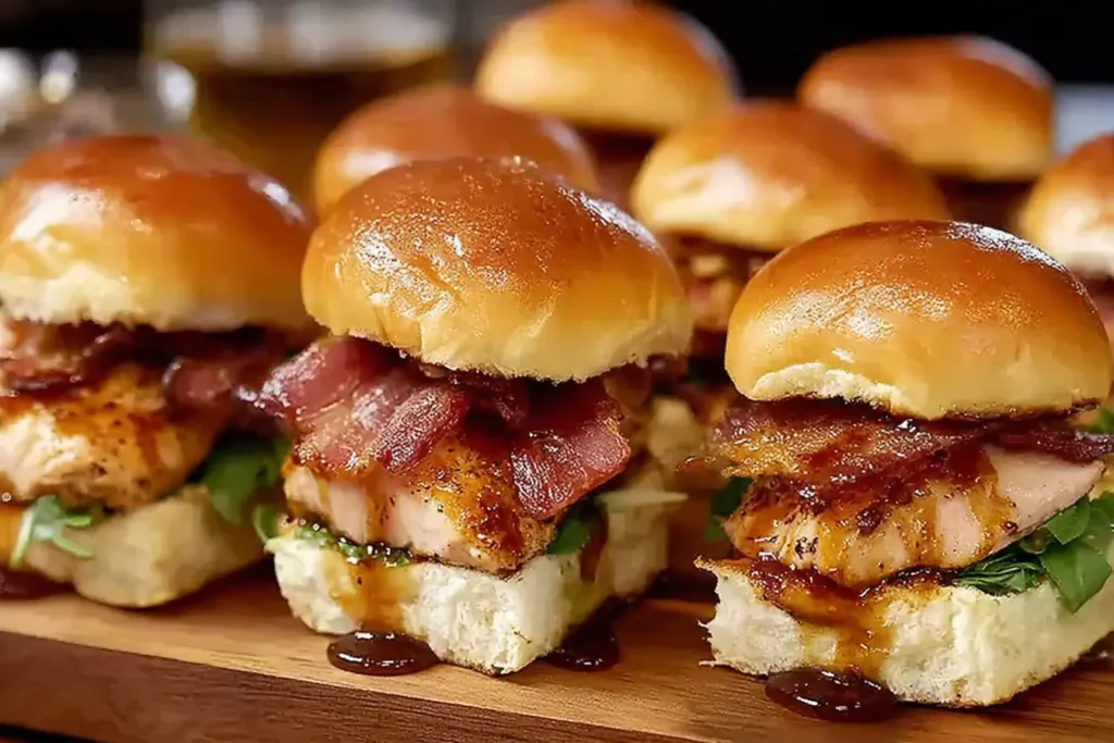 Maple Chicken Beef Bacon Sliders stacked with juicy chicken, smoky beef bacon, maple glaze, and greens on golden slider buns.