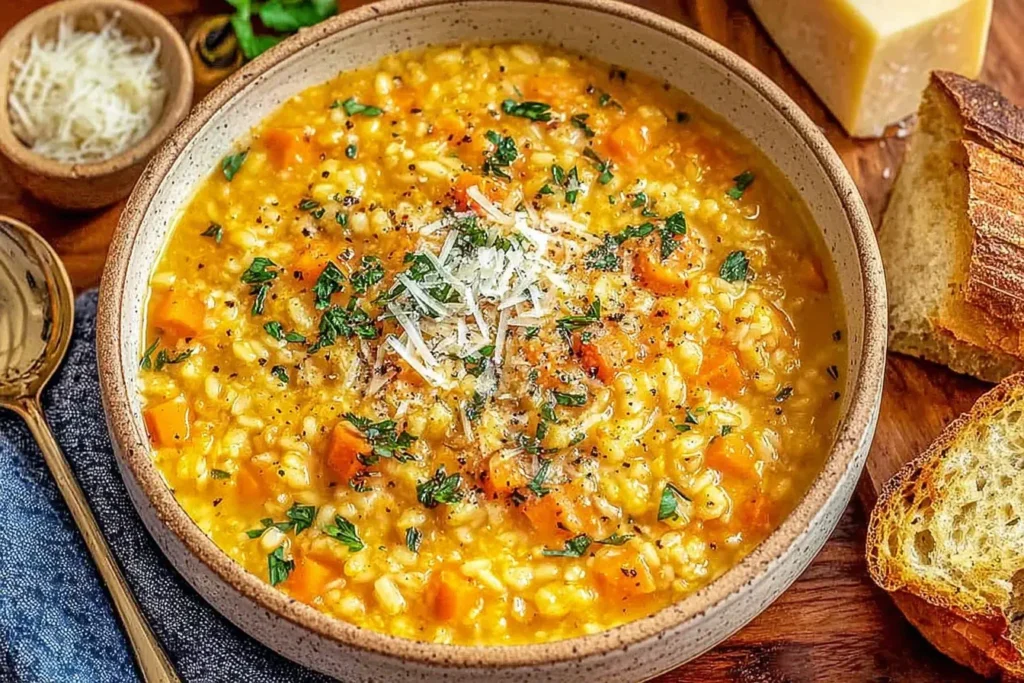Bowl of comforting Italian Penicillin Soup Recipe with carrots, rice, parsley, and parmesan cheese, served with crusty bread on the side.