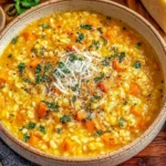 Bowl of comforting Italian Penicillin Soup Recipe with carrots, rice, parsley, and parmesan cheese, served with crusty bread on the side.