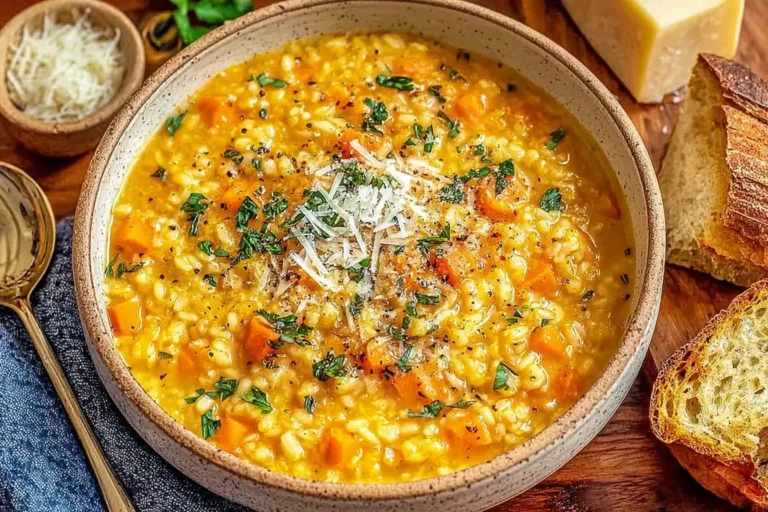 Bowl of comforting Italian Penicillin Soup Recipe with carrots, rice, parsley, and parmesan cheese, served with crusty bread on the side.