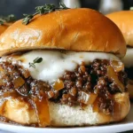 French Onion Beef Sloppy Joes topped with melted Swiss cheese and caramelized onions on toasted buns