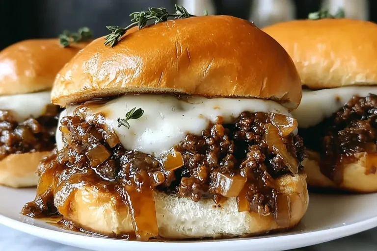 French Onion Beef Sloppy Joes topped with melted Swiss cheese and caramelized onions on toasted buns