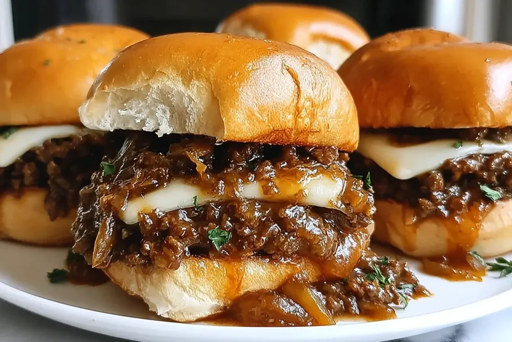 French Onion Beef Sloppy Joes with caramelized onions, melted Swiss cheese, and toasted buns