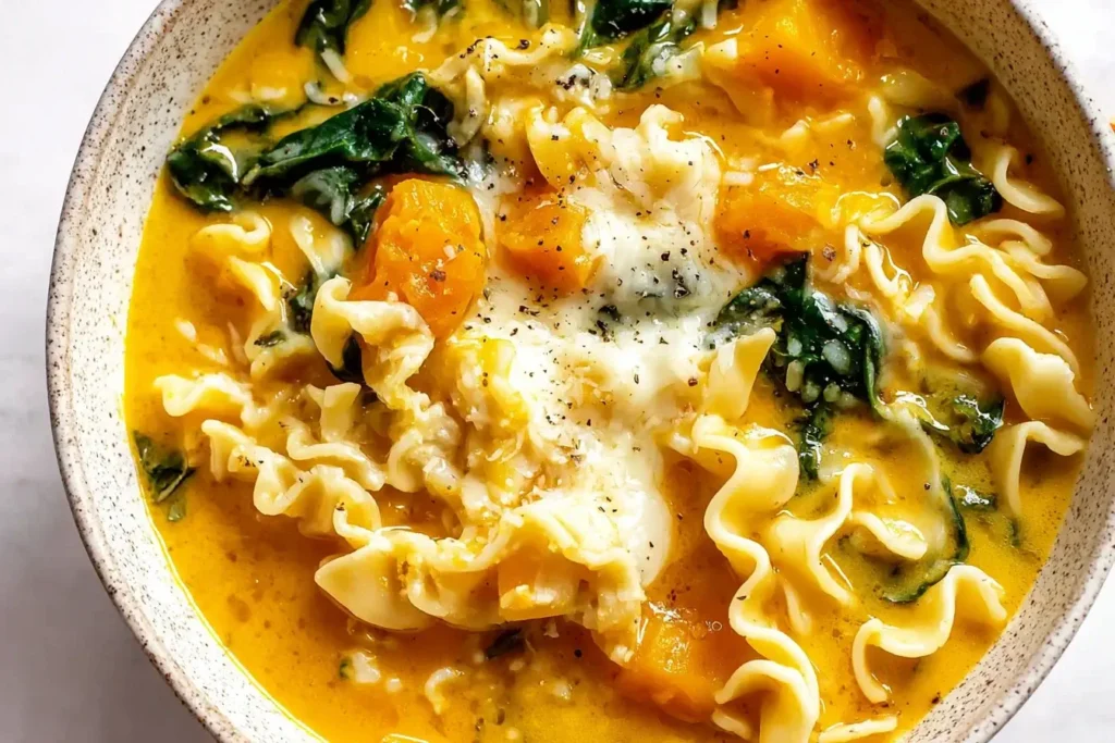 Butternut Squash Lasagna Soup with cheesy melted topping, tender noodles, and fresh spinach in a creamy golden broth.