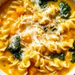 Creamy Butternut Squash Lasagna Soup with pasta, kale, and melted cheese in a cozy bowl.