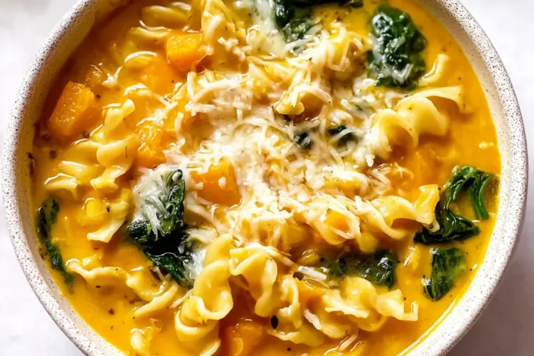 Creamy Butternut Squash Lasagna Soup with pasta, kale, and melted cheese in a cozy bowl.