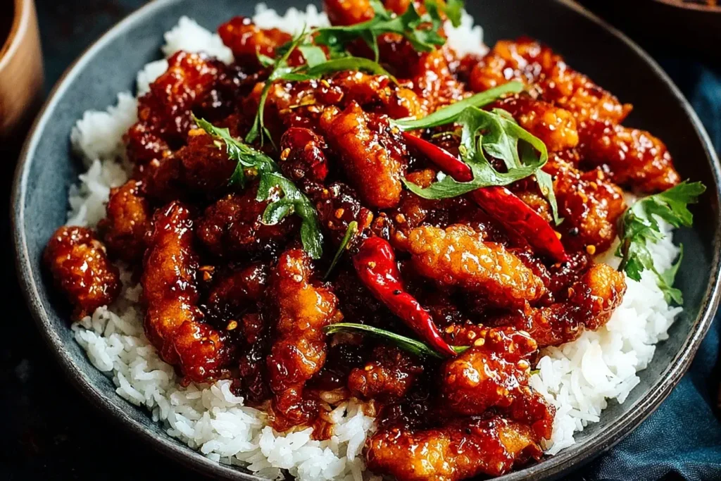 Close-up of spicy Dragon Chicken served over steamed white rice, garnished with red chilies and herbs.