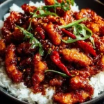 Close-up of spicy Dragon Chicken served over steamed white rice, garnished with red chilies and herbs.