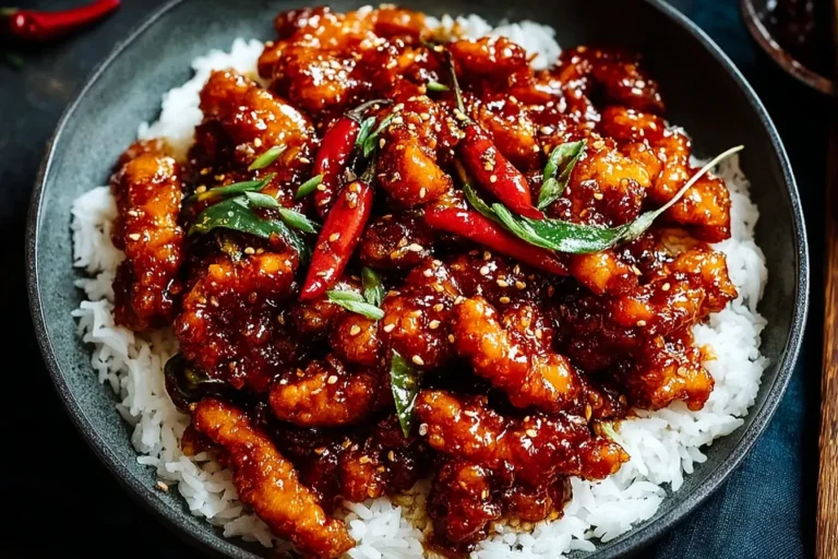 Spicy Dragon Chicken with red chilies and sesame seeds served over steamed rice in a dark bowl.