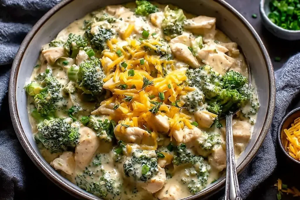 Crockpot Creamy Broccoli Cheddar Chicken served in a bowl with shredded cheese and fresh herbs.