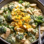 Crockpot Creamy Broccoli Cheddar Chicken served in a bowl with shredded cheese and fresh herbs.