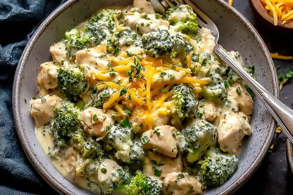 Crockpot Creamy Broccoli Cheddar Chicken in a bowl, topped with shredded cheddar and fresh herbs.