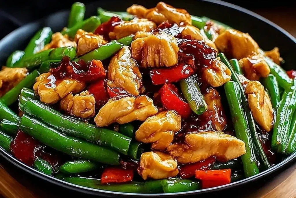 Chicken and Green Bean Stir-Fry with tender chicken pieces, crisp green beans, and red peppers in a savory garlic-ginger sauce.