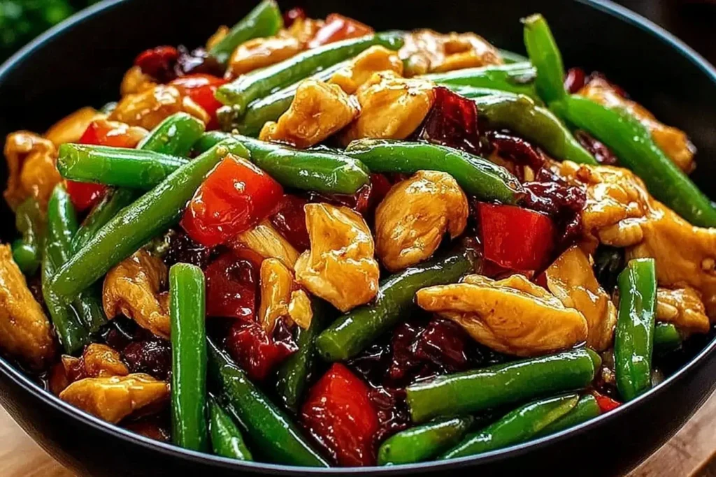 Chicken and Green Bean Stir-Fry with tender chicken, crisp green beans, and colorful peppers in a savory soy-honey garlic sauce.