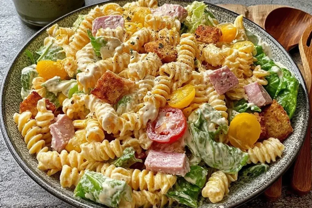 Bowl of creamy Club Sandwich Pasta Salad with rotini, ham, turkey, bacon, lettuce, tomato, and cheddar tossed in ranch dressing.