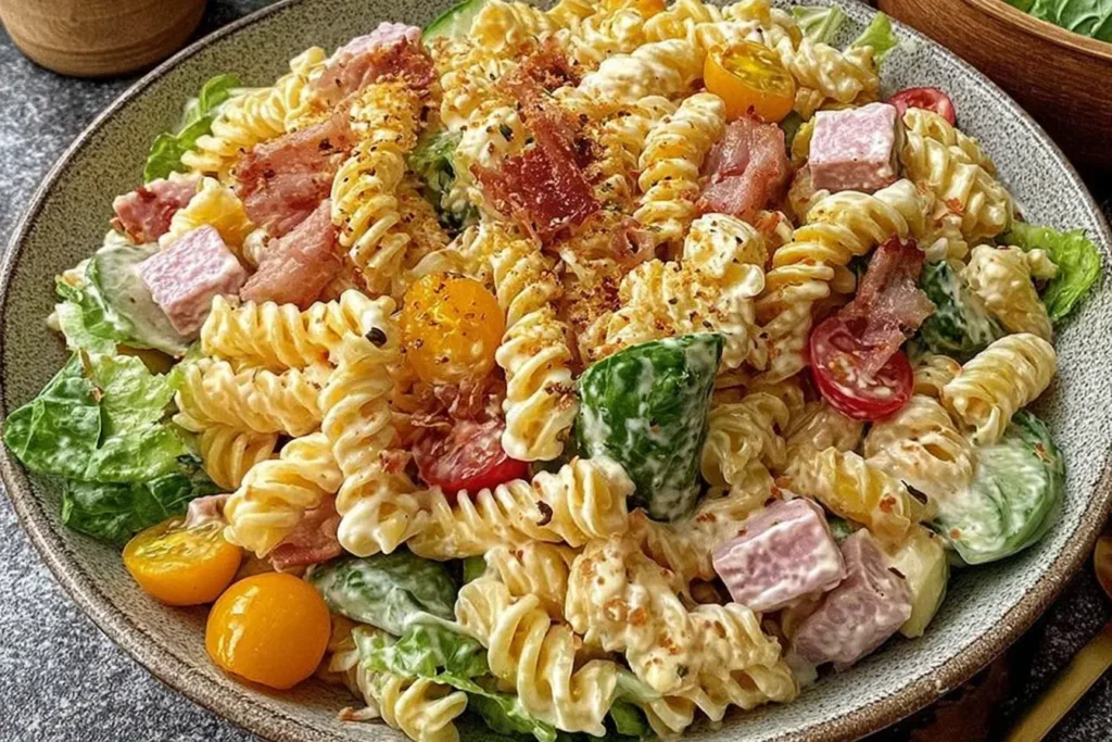 Close-up of creamy Club Sandwich Pasta Salad with rotini, bacon, ham, lettuce, tomato, and cheddar tossed in ranch-mayo dressing.