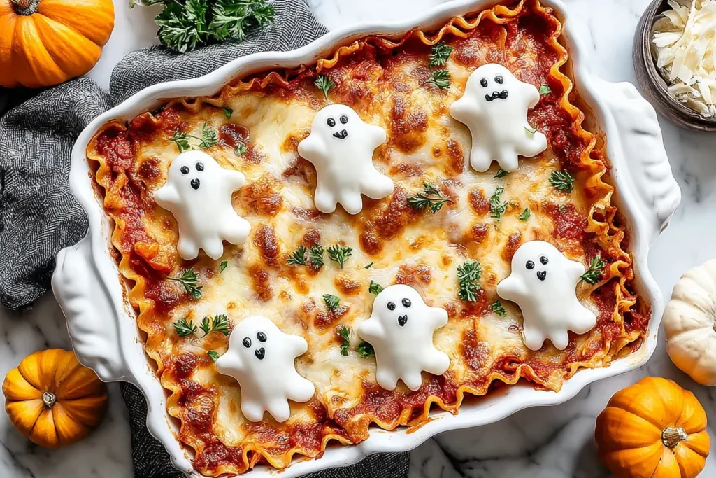 Delicious Ghostly Lasagna topped with cute mozzarella ghost shapes in a white baking dish, surrounded by mini pumpkins and herbs.