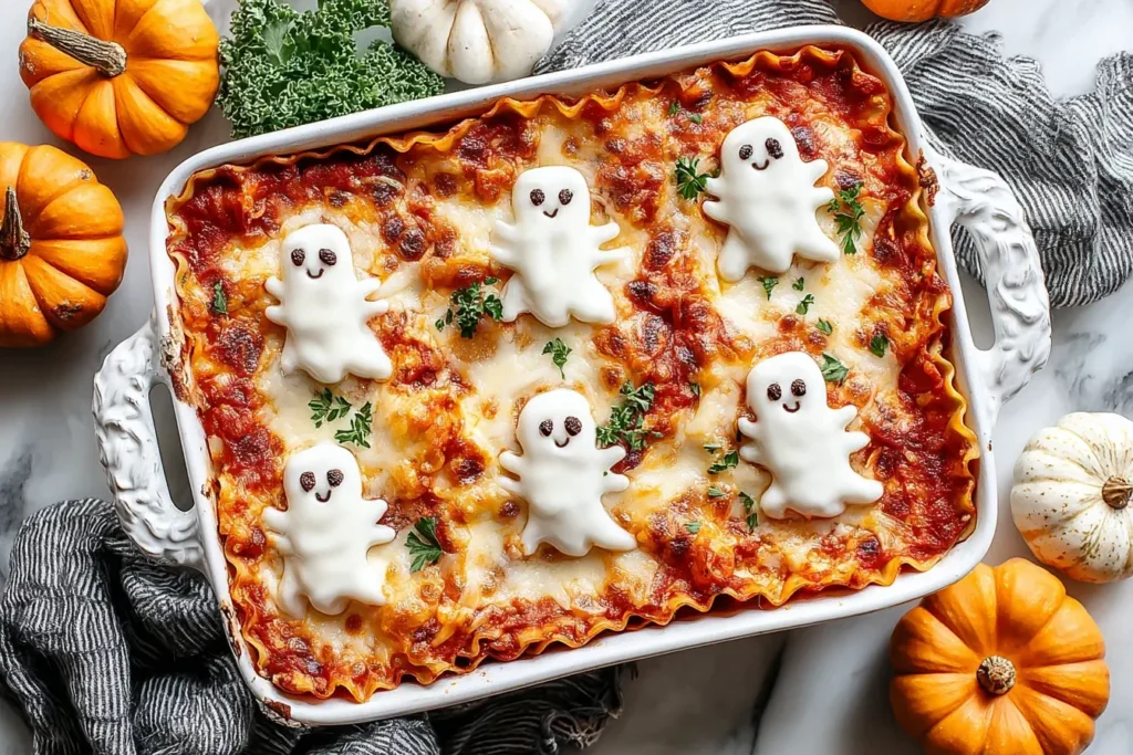 Ghostly Lasagna in a white baking dish topped with melted cheese and mozzarella ghost shapes, perfect for a Halloween-themed dinner.