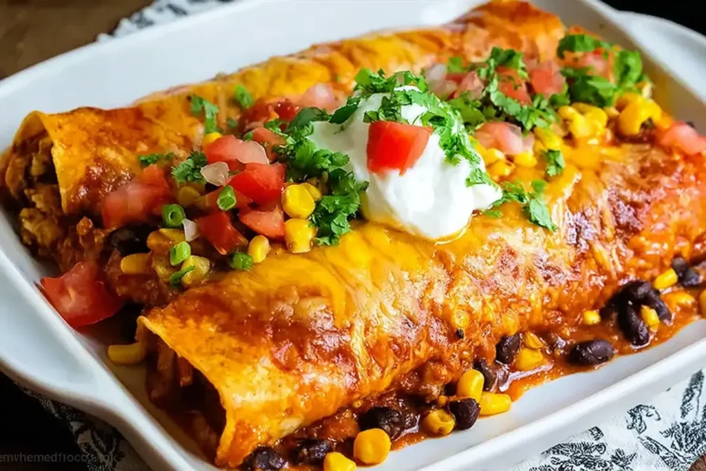 Sweet Potato Corn and Black Bean Enchiladas topped with sour cream, fresh cilantro, tomatoes, corn, and melted cheese.