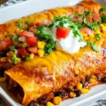 Sweet Potato Corn and Black Bean Enchiladas topped with sour cream, fresh cilantro, tomatoes, corn, and melted cheese.
